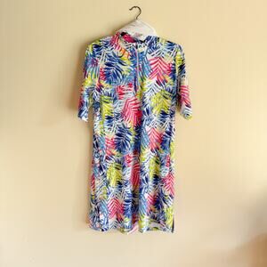 Tail Blue + Pink Green Palm Print Short Sleeve Golf Dress - Large